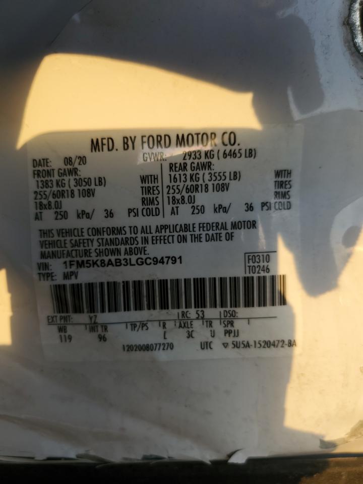 2020 Ford Explorer VIN 1FM5K8AB3LGC94791 Copart auction photo, side damage thumbnail 13
