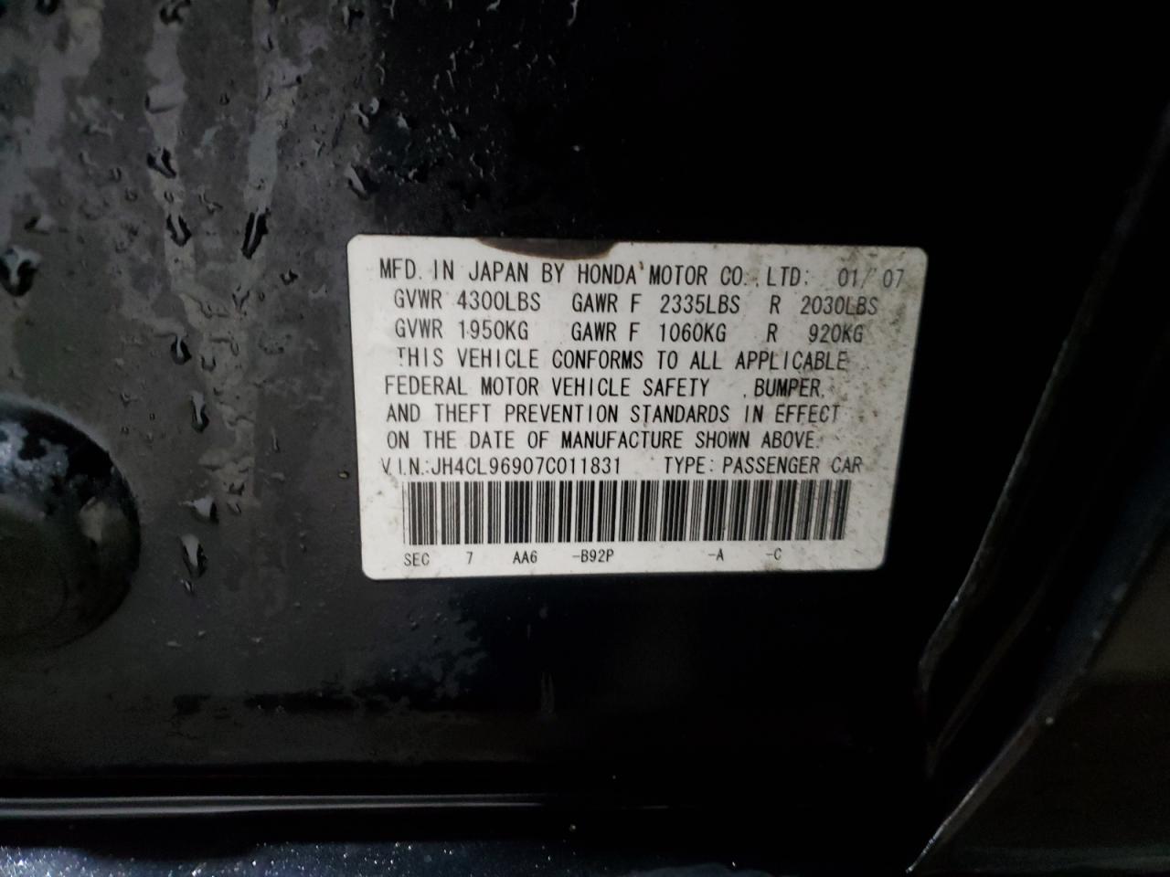 2007 Acura TSX VIN JH4CL96907C011831 Copart auction photo, side / front end damage thumbnail 13