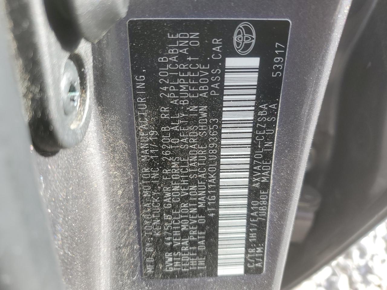 2020 Toyota Camry VIN 4T1G11AK0LU893653 Copart auction photo, front end damage thumbnail 12