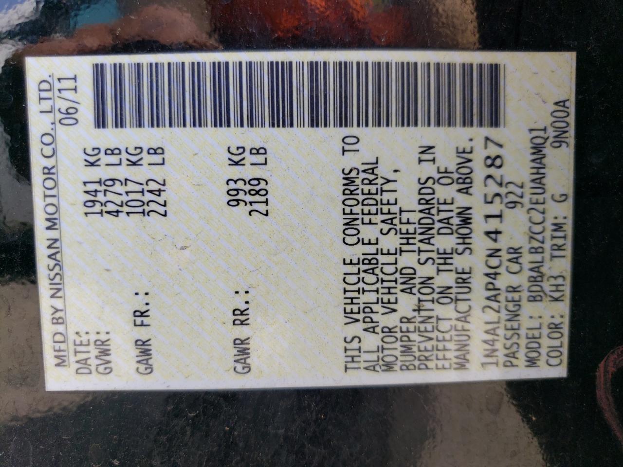 2012 Nissan Altima VIN 1N4AL2AP4CN415287 Copart auction photo, front end / side damage thumbnail 13