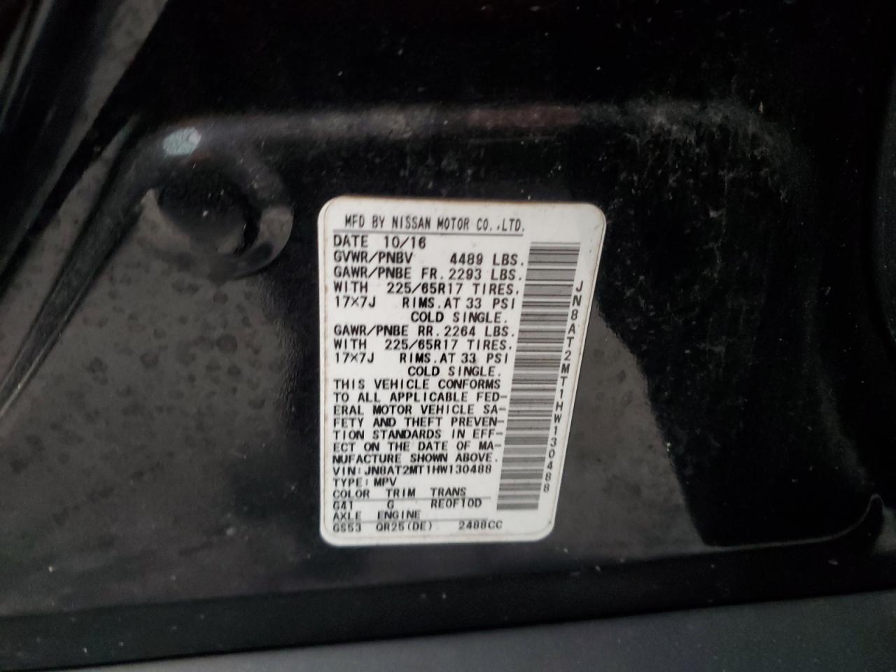2017 Nissan Rogue VIN JN8AT2MT1HW130488 Copart auction photo, water/flood damage thumbnail 14