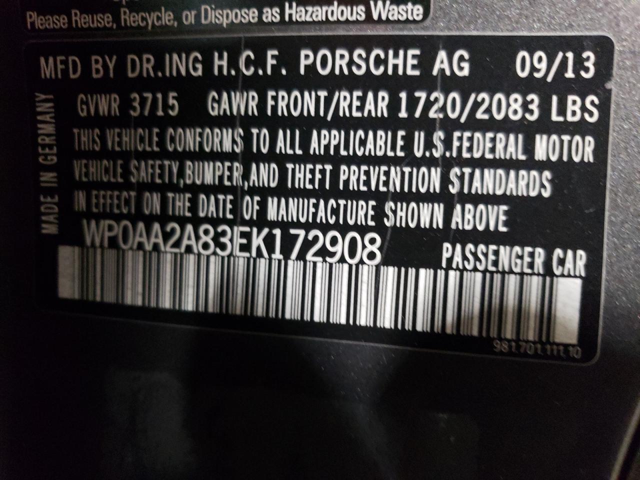2014 Porsche Cayman VIN WP0AA2A83EK172908 Copart auction photo, rear end / minor dent/scratches damage thumbnail 13