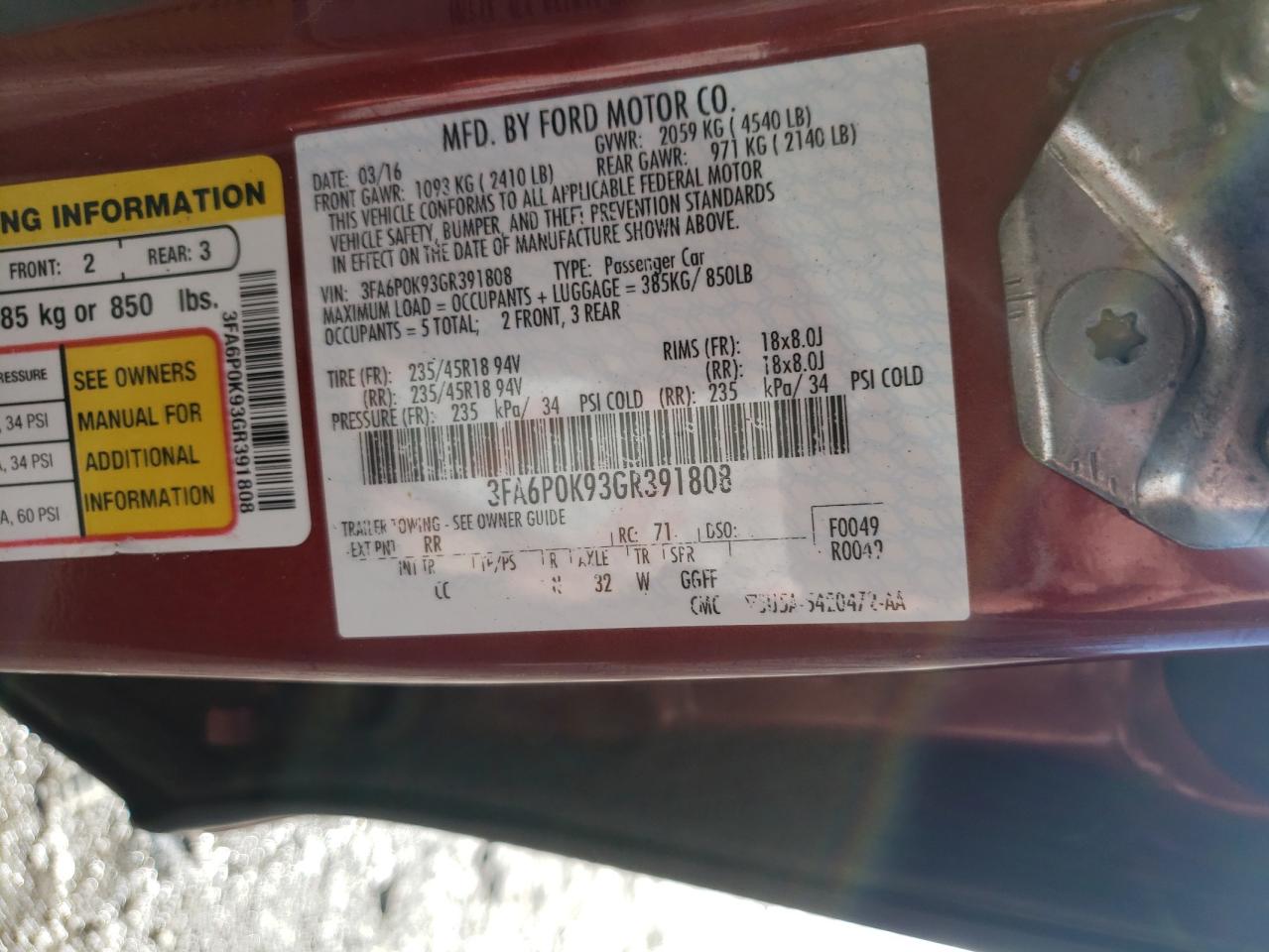 2016 Ford Fusion VIN 3FA6P0K93GR391808 Copart auction photo, front end / undercarriage damage thumbnail 12