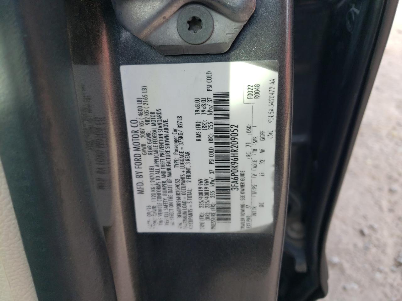 2017 Ford Fusion VIN 3FA6P0K96HR209052 Copart auction photo, side damage thumbnail 13