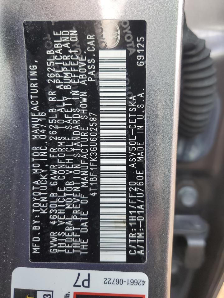 2016 Toyota Camry VIN 4T1BF1FK3GU602587 Copart auction photo, rear end damage thumbnail 13