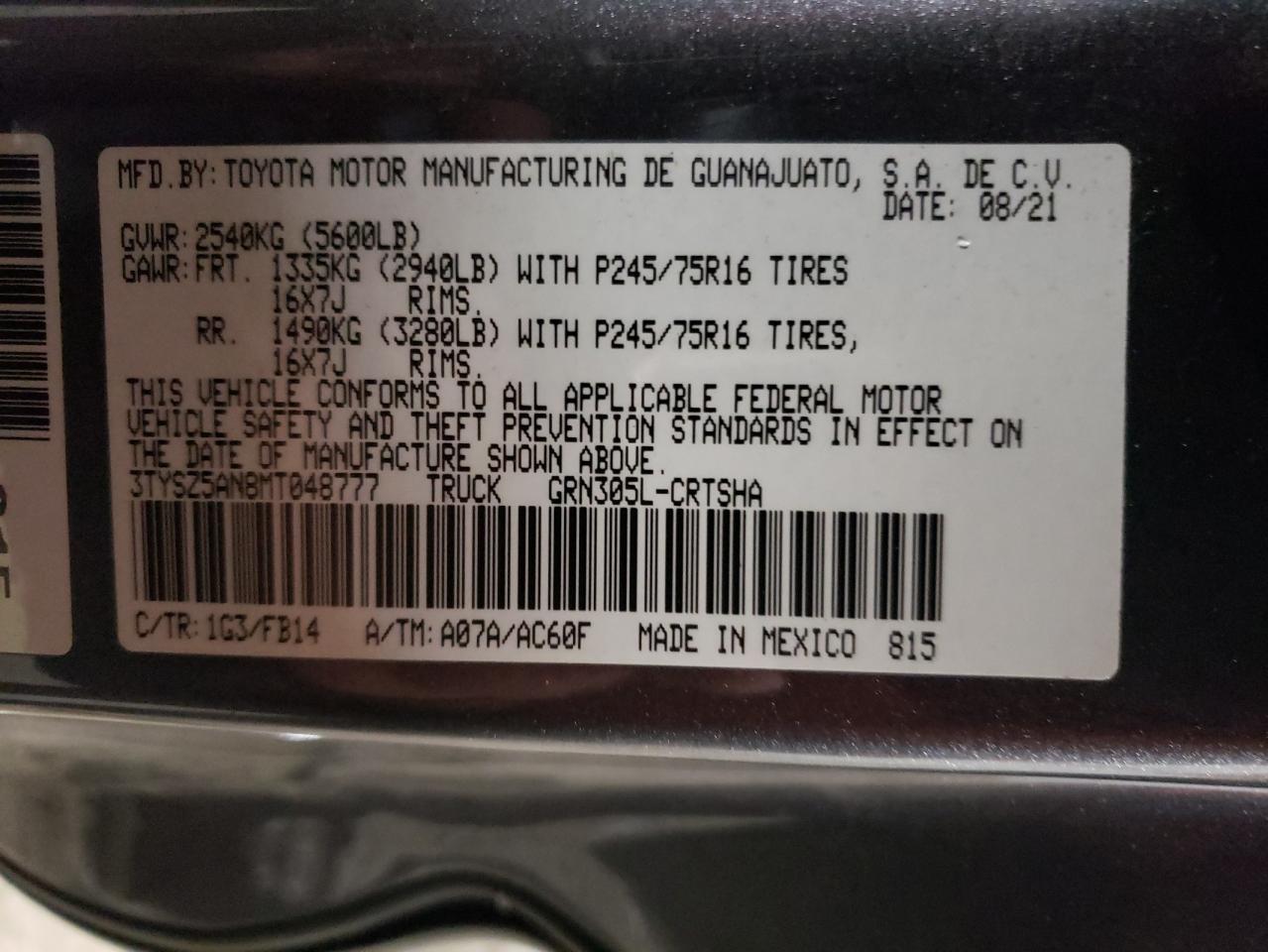 2021 Toyota Tacoma VIN 3TYSZ5AN8MT048777 Copart auction photo, rear end damage thumbnail 12
