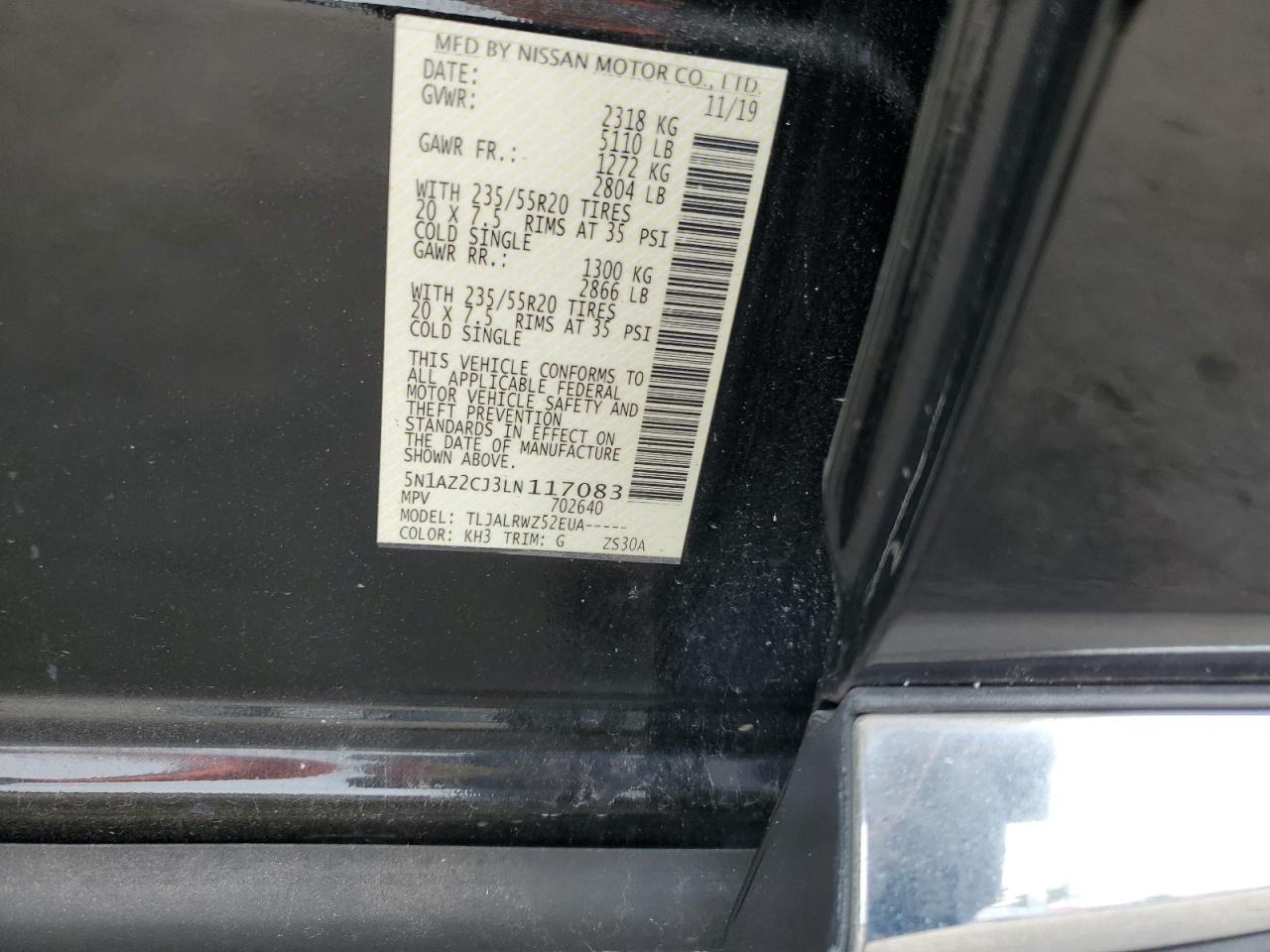 2020 Nissan Murano VIN 5N1AZ2CJ3LN117083 Copart auction photo, normal wear damage thumbnail 13
