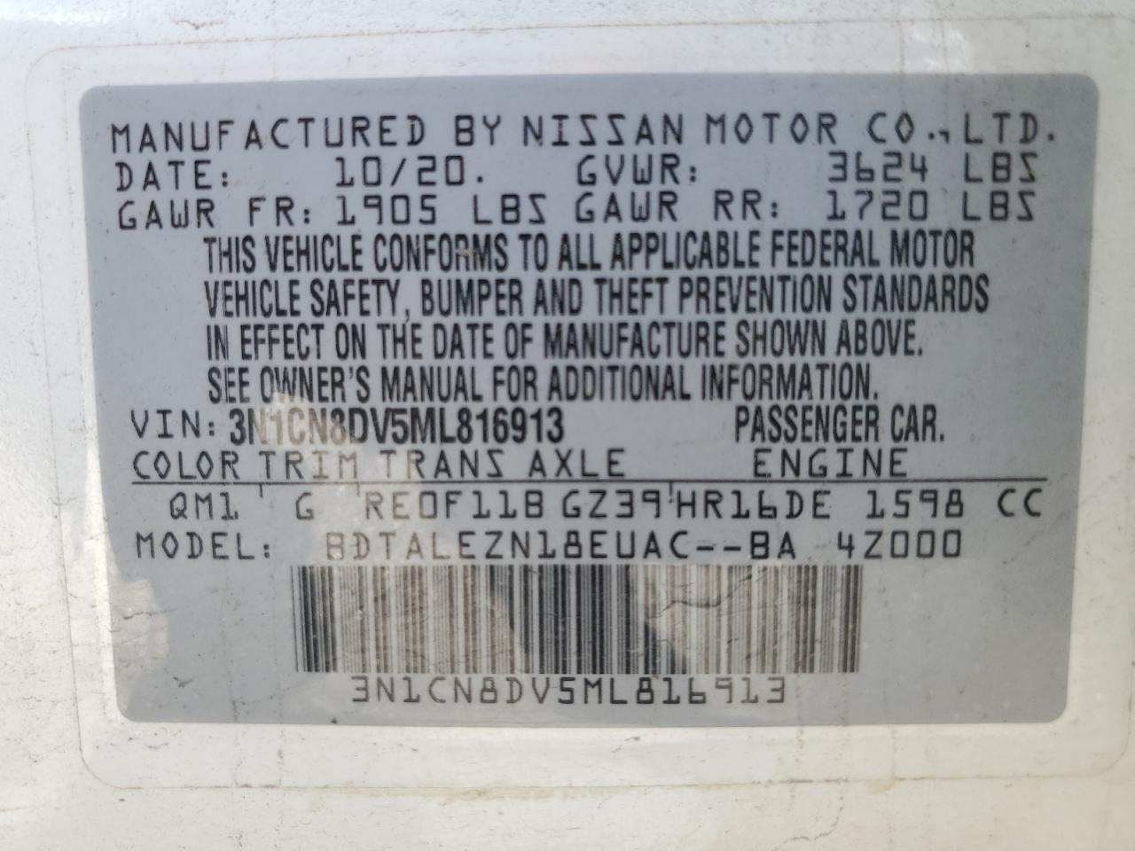 2021 Nissan Versa VIN 3N1CN8DV5ML816913 Copart auction photo, rear end / minor dent/scratches damage thumbnail 15