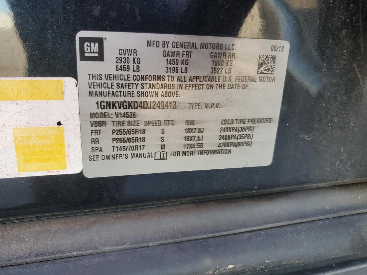 2013 Chevrolet Traverse VIN 1GNKVGKD4DJ249413 Copart auction photo, front end / side damage thumbnail 13