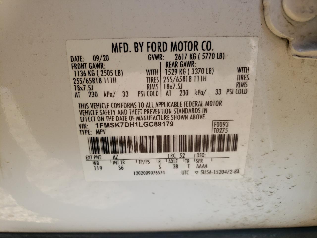 2020 Ford Explorer VIN 1FMSK7DH1LGC89179 Copart auction photo, side / front end damage thumbnail 16