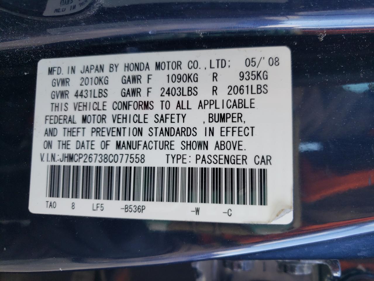 2008 Honda Accord VIN JHMCP26738C077558 Copart auction photo, front end / side damage thumbnail 14