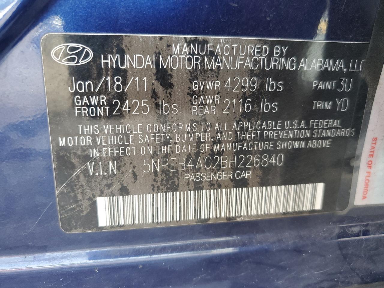 2011 Hyundai Sonata VIN 5NPEB4AC2BH226840 Copart auction photo, all over damage thumbnail 12