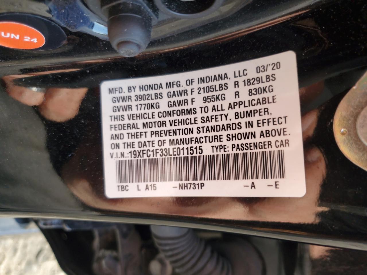 2020 Honda Civic VIN 19XFC1F33LE011515 Copart auction photo, front end damage thumbnail 12