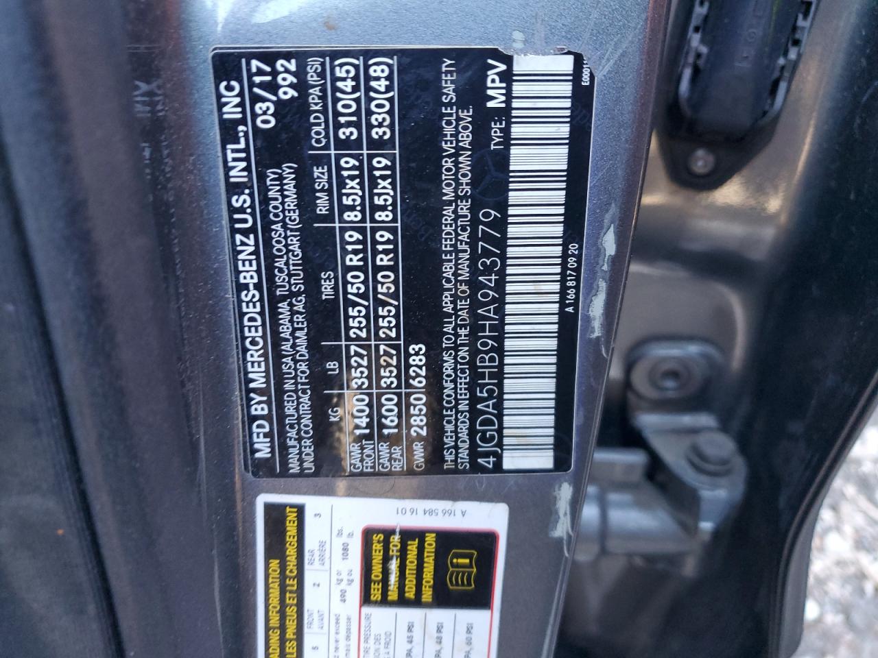 2017 Mercedes-Benz GLE VIN 4JGDA5HB9HA943779 Copart auction photo, front end / side damage thumbnail 13