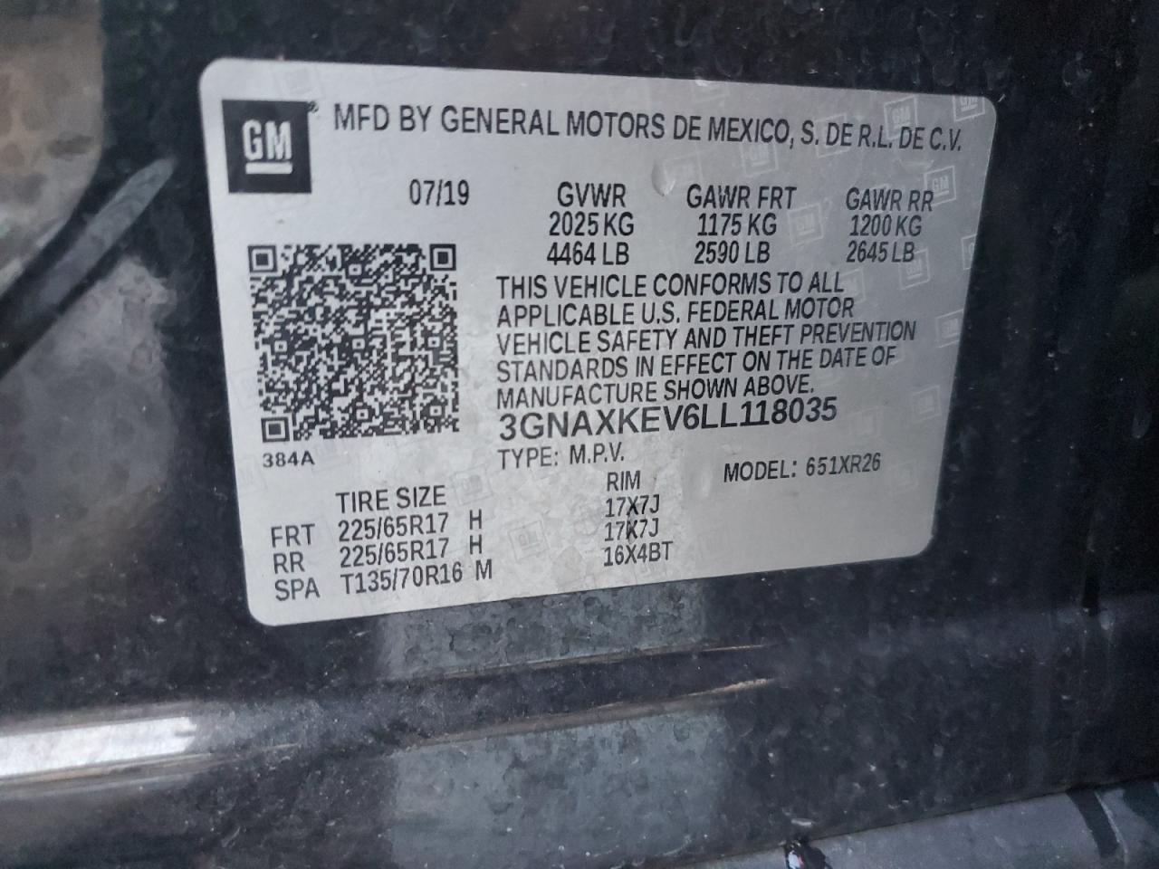 2020 Chevrolet Equinox VIN 3GNAXKEV6LL118035 Copart auction photo, side damage thumbnail 14