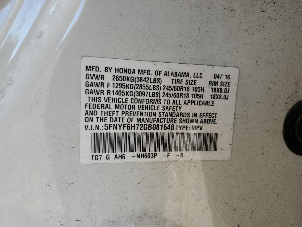 2016 Honda Pilot VIN 5FNYF6H72GB081648 Copart auction photo, front end damage thumbnail 15