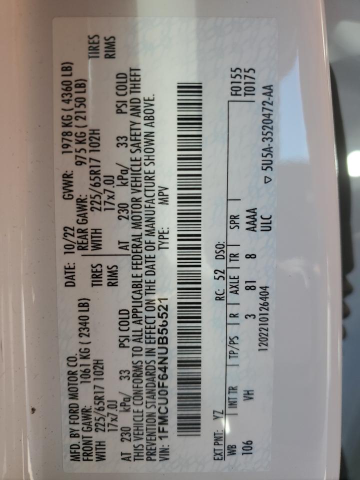2022 Ford Escape VIN 1FMCU0F64NUB56521 Copart auction photo, front end / minor dent/scratches damage thumbnail 14