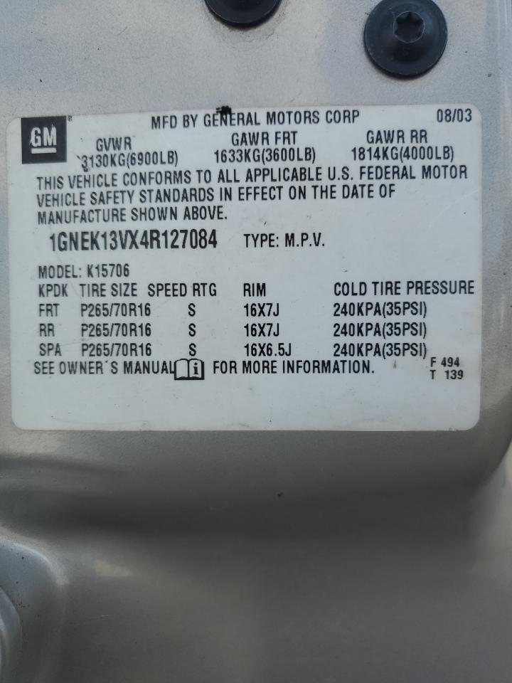 2004 Chevrolet Tahoe VIN 1GNEK13VX4R127084 Copart auction photo, water/flood damage thumbnail 13
