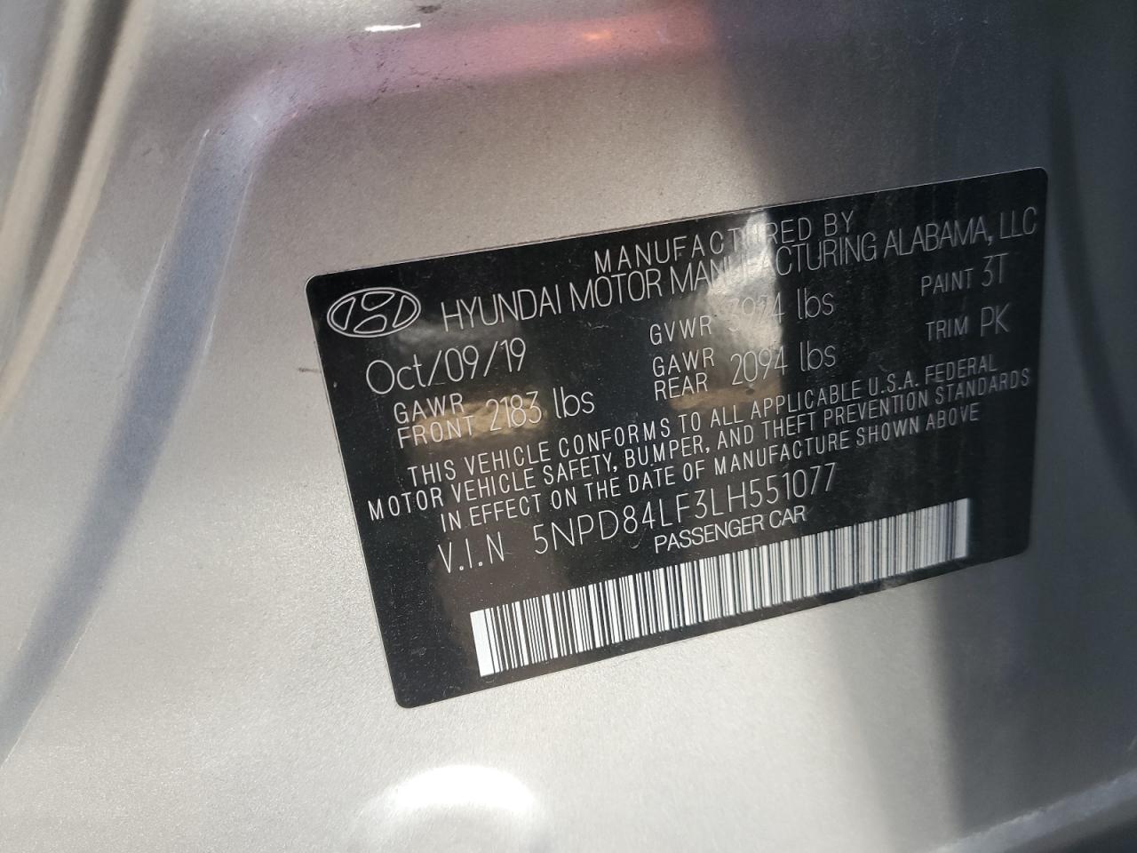 2020 Hyundai Elantra VIN 5NPD84LF3LH551077 Copart auction photo, rear end damage thumbnail 12