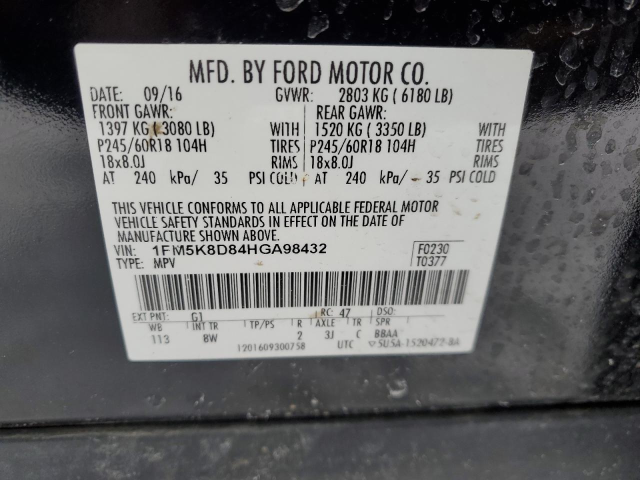 2017 Ford Explorer VIN 1FM5K8D84HGA98432 Copart auction photo, front end / side damage thumbnail 14