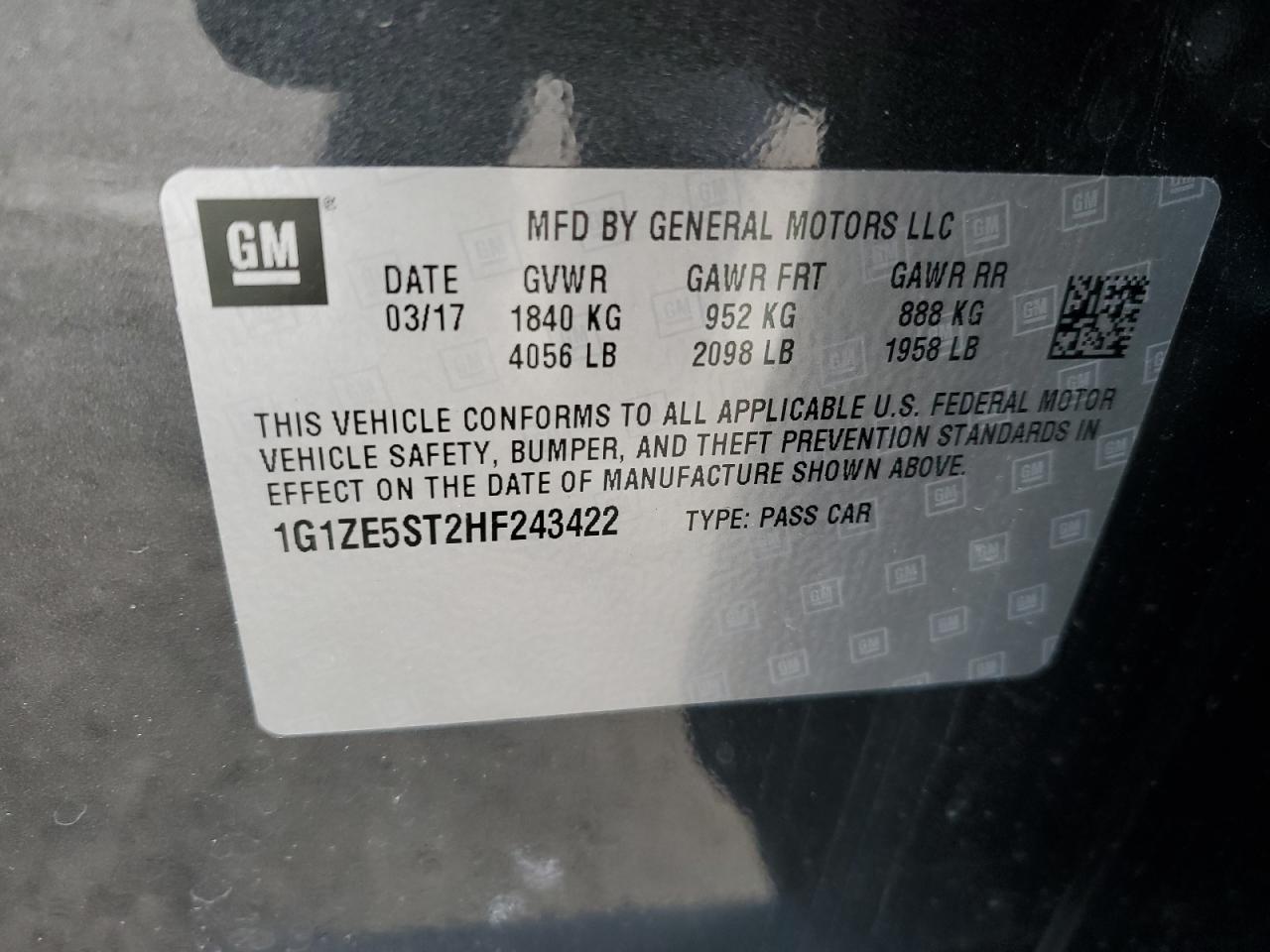 2017 Chevrolet Malibu VIN 1G1ZE5ST2HF243422 Copart auction photo, front end / mechanical damage thumbnail 13