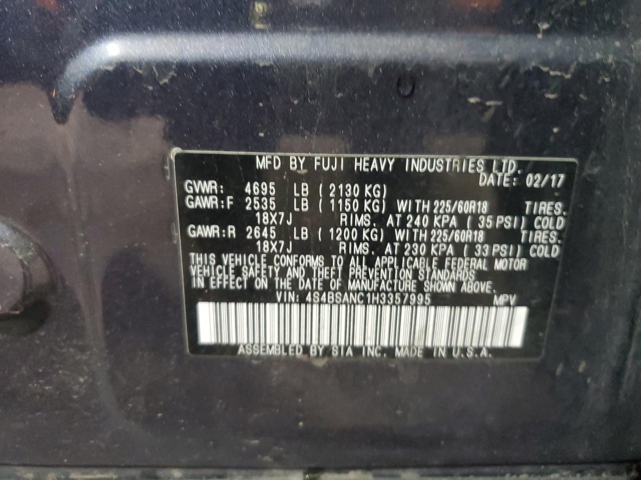 2017 Subaru Outback VIN 4S4BSANC1H3357995 Copart auction photo, rear end damage thumbnail 13