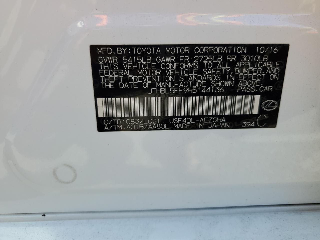 2017 Lexus LS VIN JTHBL5EF9H5144136 Copart auction photo, rear end damage thumbnail 15