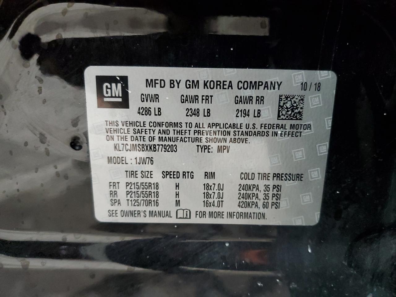 2019 Chevrolet Trax VIN KL7CJMSBXKB779203 Copart auction photo, front end damage thumbnail 14