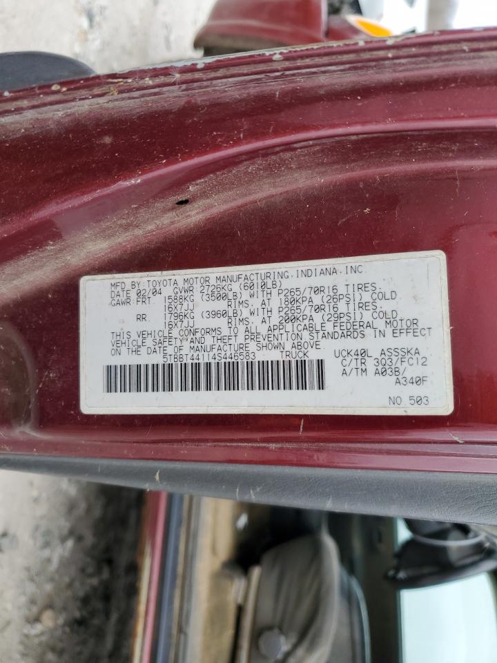 2004 Toyota Tundra VIN 5TBBT44114S446583 Copart auction photo, side / mechanical damage thumbnail 12