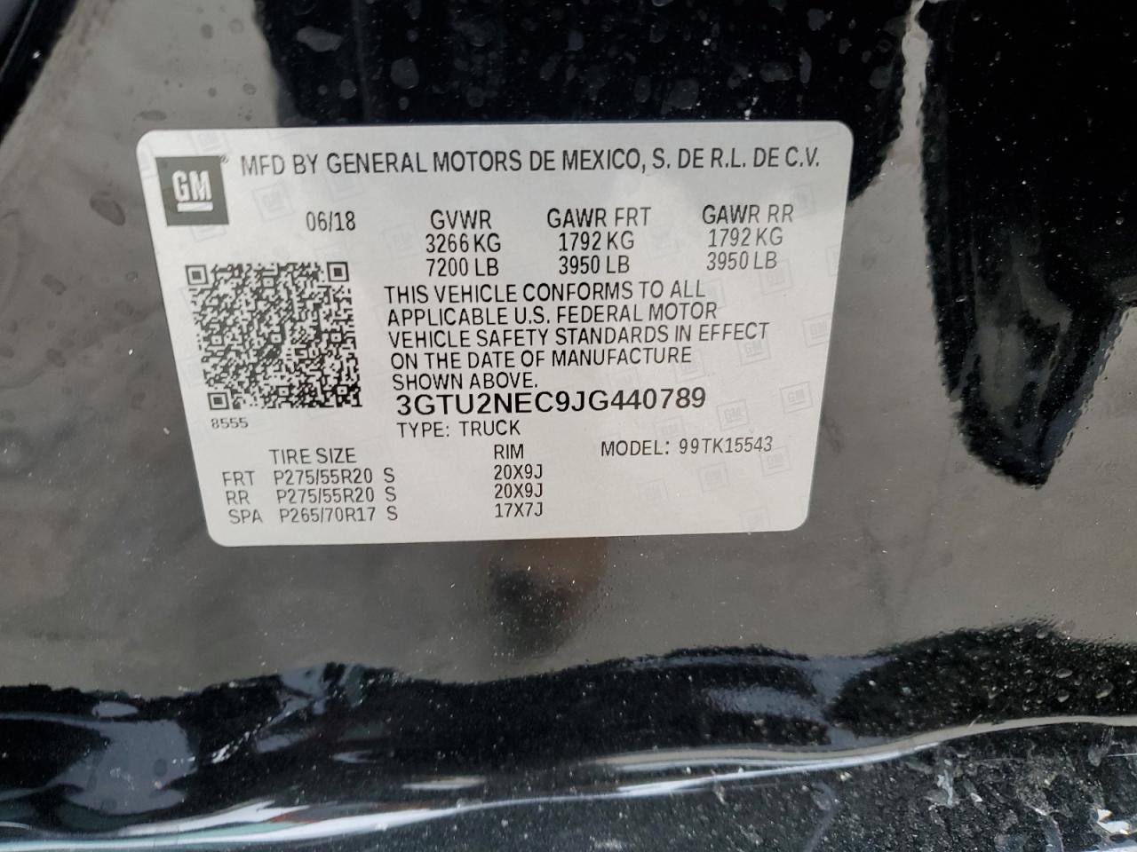 2018 GMC Sierra VIN 3GTU2NEC9JG440789 Copart auction photo, side / rear end damage thumbnail 15