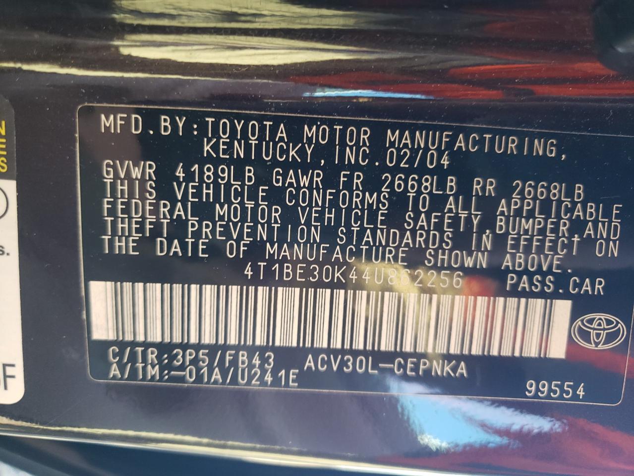 2004 Toyota Camry VIN 4T1BE30K44U862256 Copart auction photo, rear end damage thumbnail 12