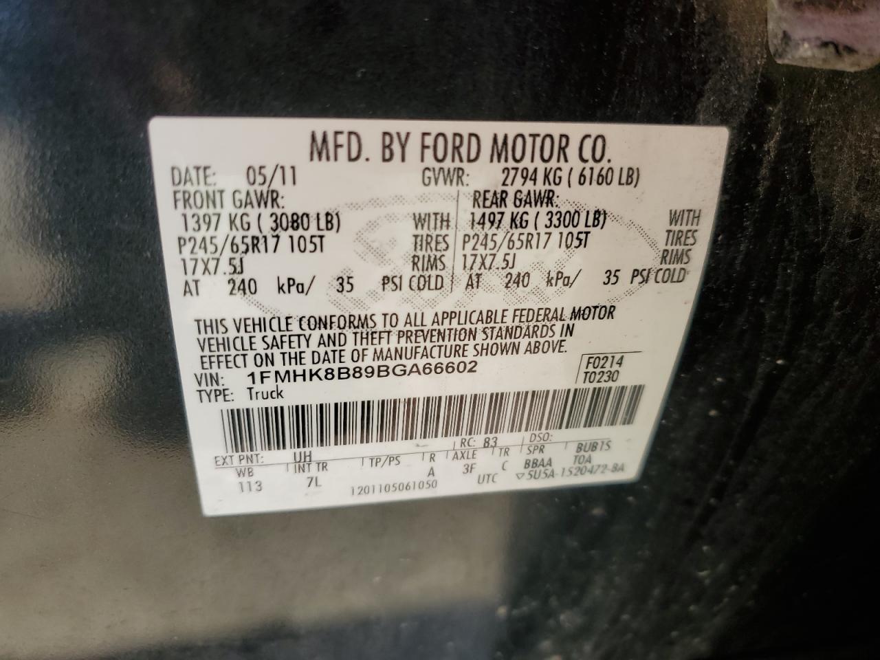 2011 Ford Explorer VIN 1FMHK8B89BGA66602 Copart auction photo, front end / side damage thumbnail 15