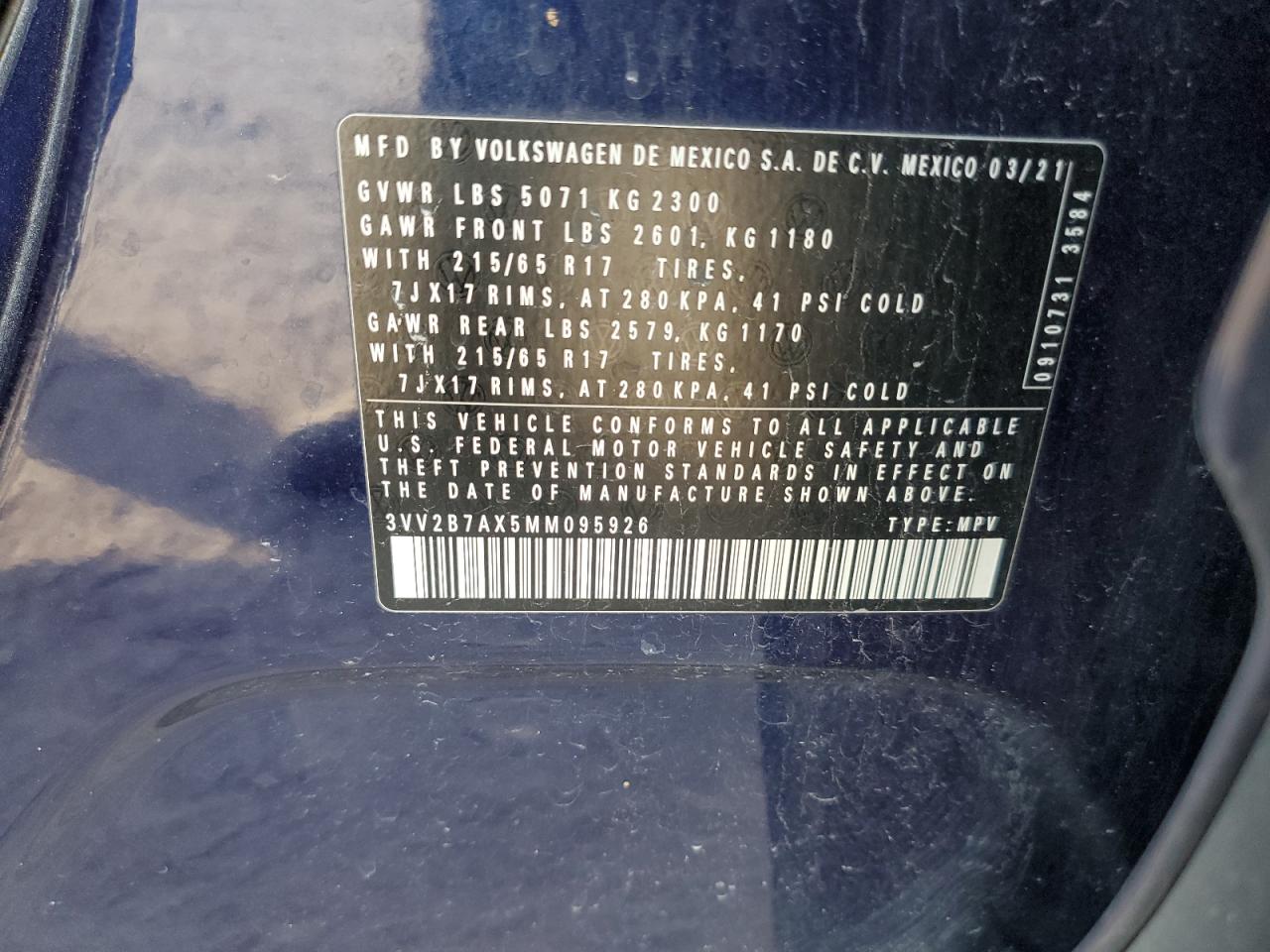 2021 Volkswagen Tiguan VIN 3VV2B7AX5MM095926 Copart auction photo, front end damage thumbnail 16