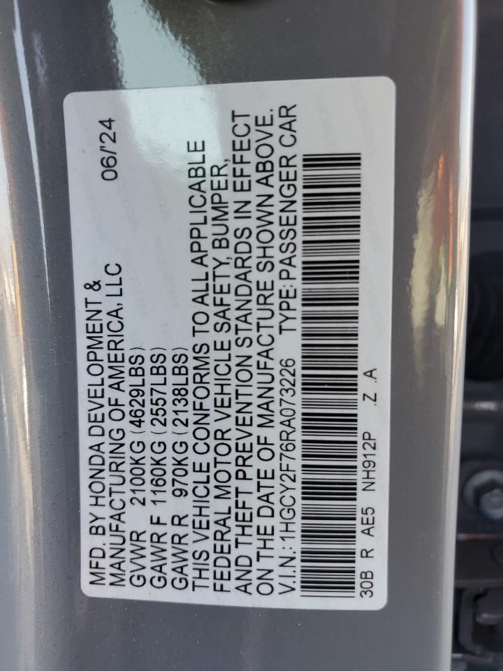 2024 Honda Accord VIN 1HGCY2F76RA073226 Copart auction photo, front end / side damage thumbnail 14