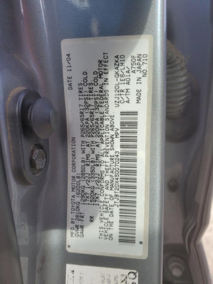 2005 Lexus GX VIN JTJBT20X450070243 Copart auction photo, all over / minor dent/scratches damage thumbnail 14