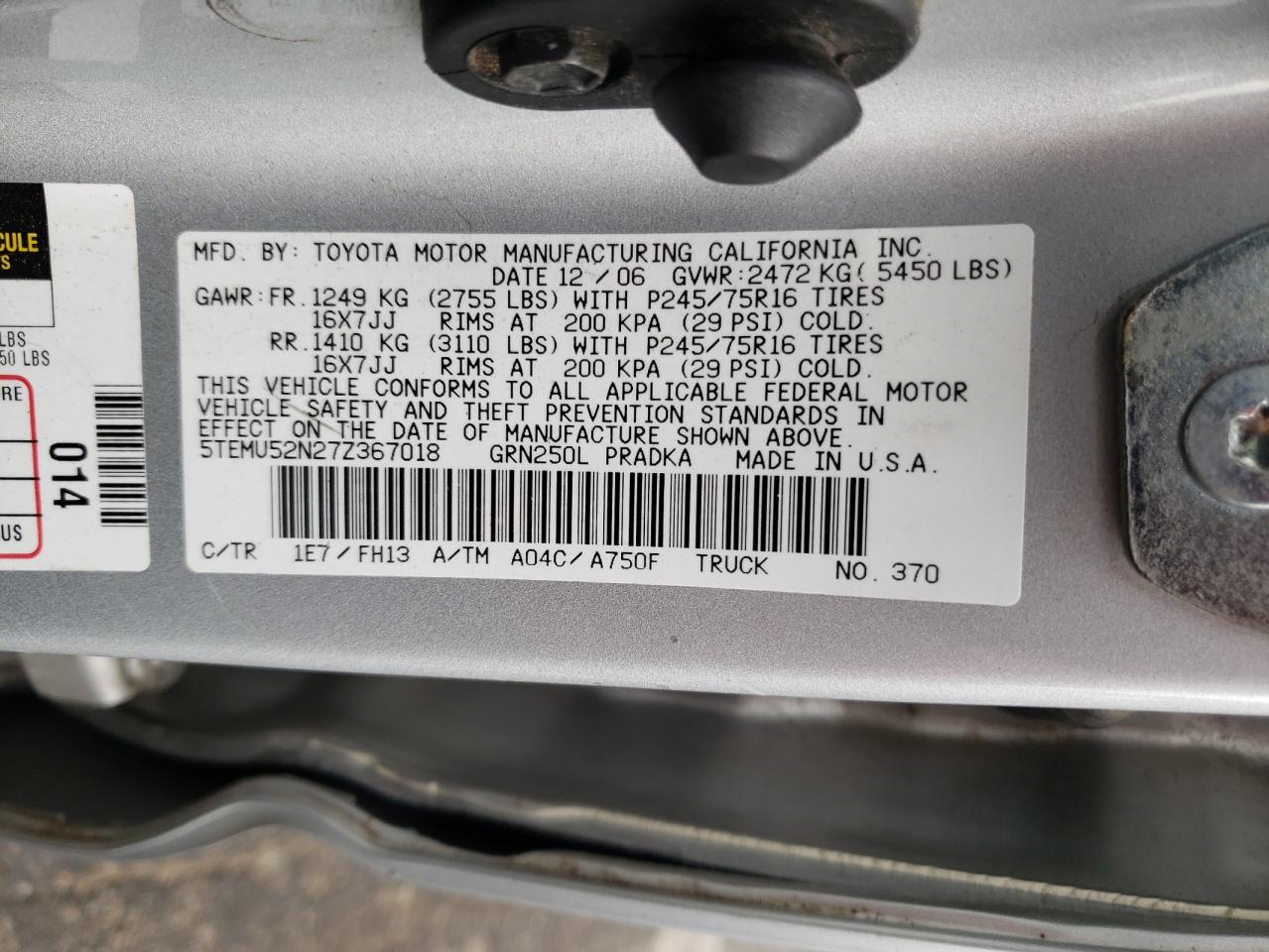 2007 Toyota Tacoma VIN 5TEMU52N27Z367018 Copart auction photo, side damage thumbnail 12