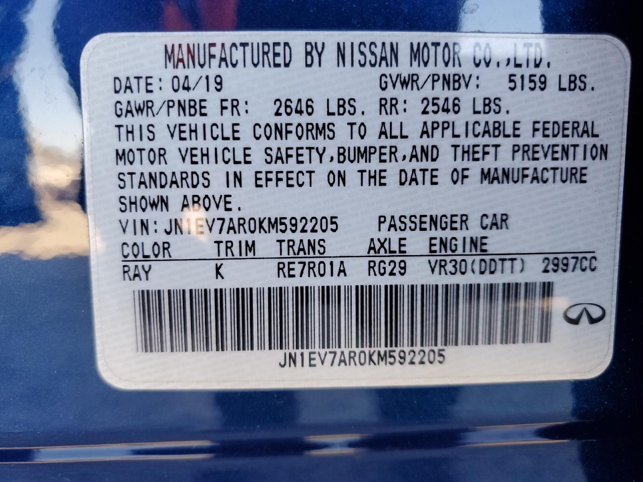 2019 Infiniti Q50 VIN JN1EV7AR0KM592205 Copart auction photo, rear end / minor dent/scratches damage thumbnail 12