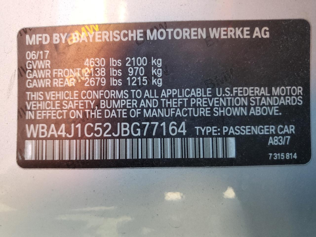 2018 BMW 4er VIN WBA4J1C52JBG77164 Copart auction photo, front end damage thumbnail 15