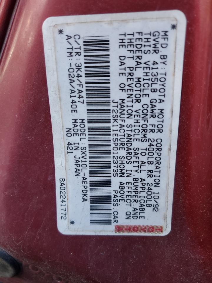 1993 Toyota Camry VIN JT2SK11E5P0123735 Copart auction photo, side / all over damage thumbnail 12