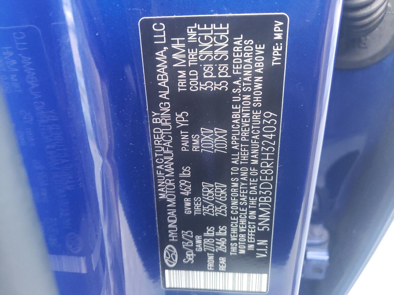 2024 Hyundai Tucson VIN 5NMJB3DE8RH324039 Copart auction photo, rear end damage thumbnail 14