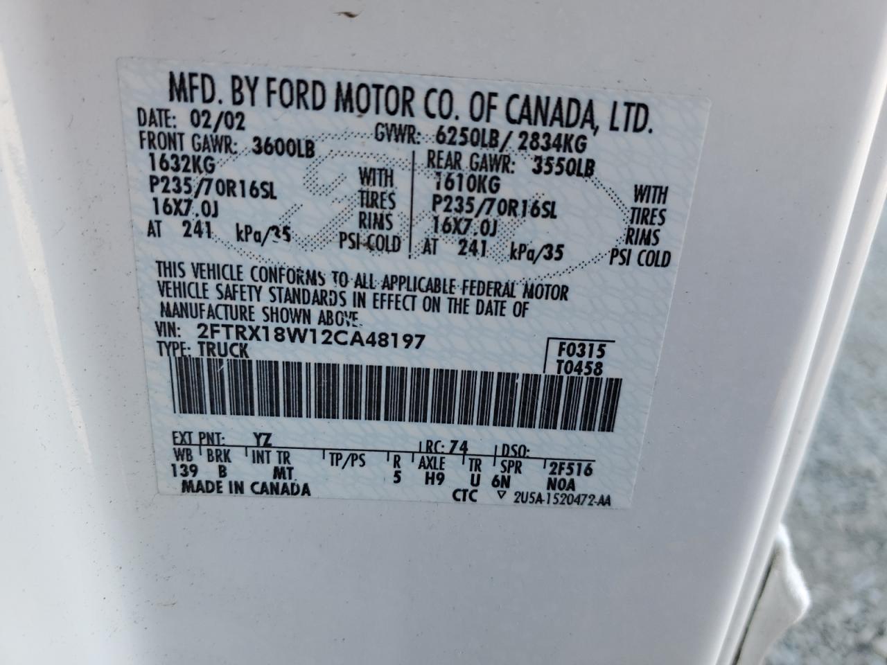 2002 Ford F-150 VIN 2FTRX18W12CA48197 Copart auction photo, front end / side damage thumbnail 14