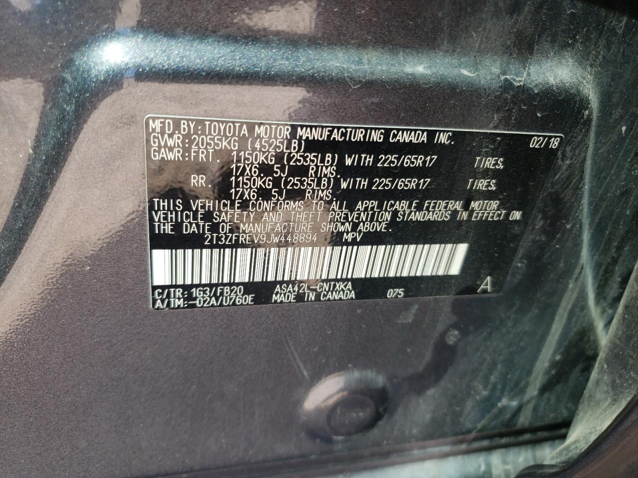 2018 Toyota RAV 4 VIN 2T3ZFREV9JW448894 Copart auction photo, front end damage thumbnail 15