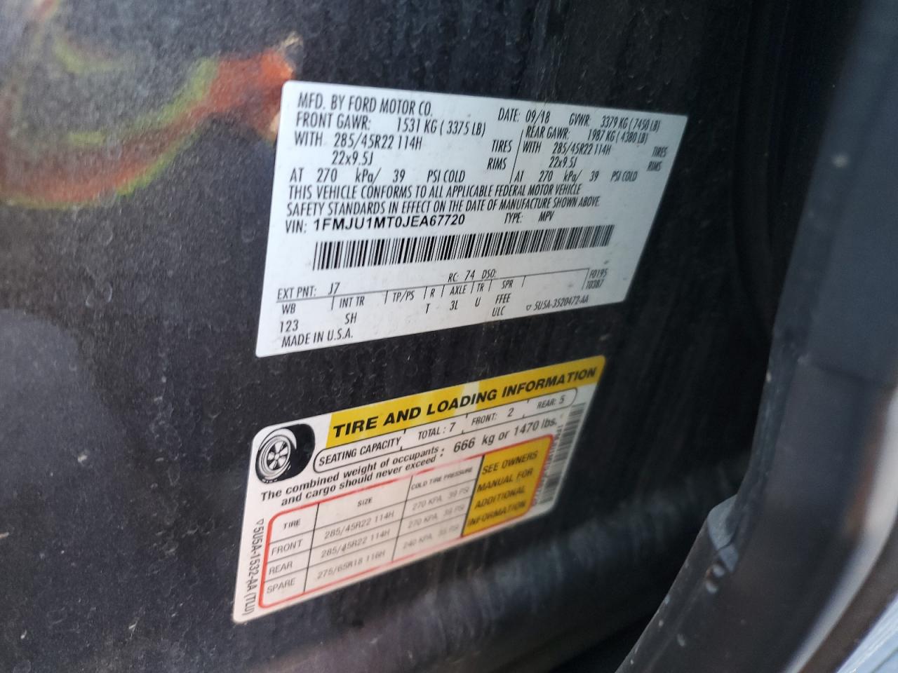 2018 Ford Expedition VIN 1FMJU1MT0JEA67720 Copart auction photo, normal wear damage thumbnail 12
