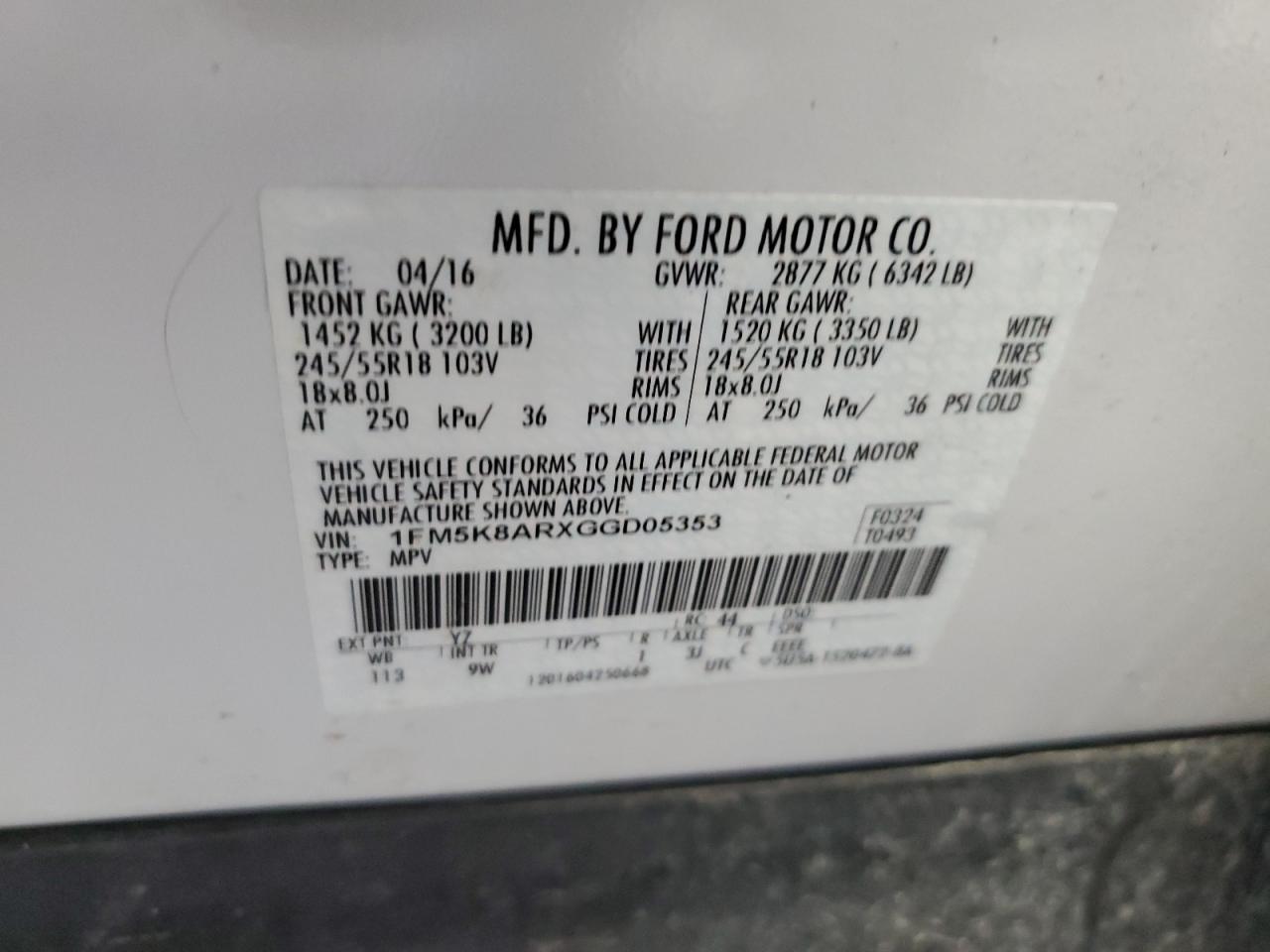 2016 Ford Explorer VIN 1FM5K8ARXGGD05353 Copart auction photo, front end / rear end damage thumbnail 13