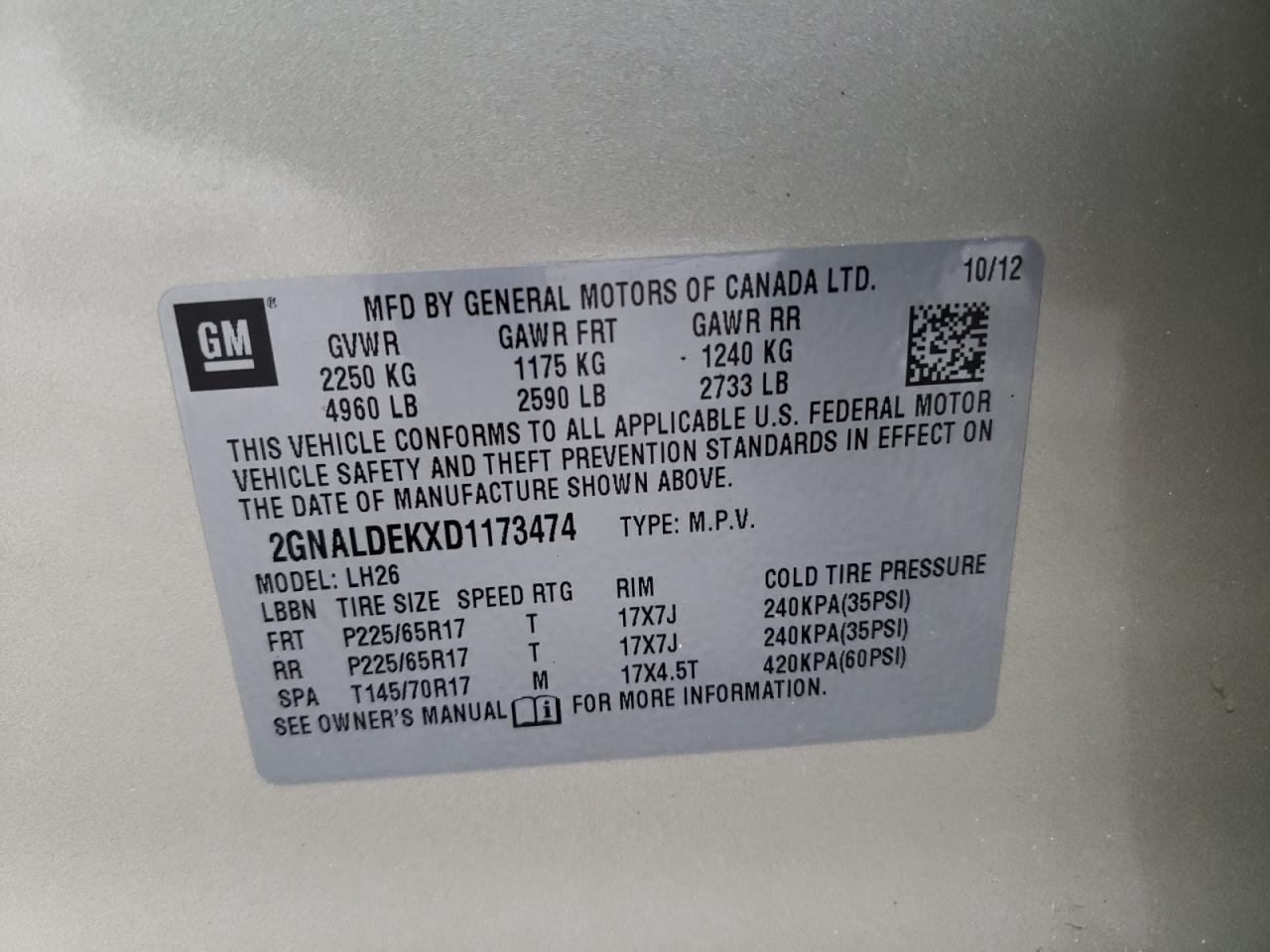 2013 Chevrolet Equinox VIN 2GNALDEKXD1173474 Copart auction photo, front end / side damage thumbnail 15