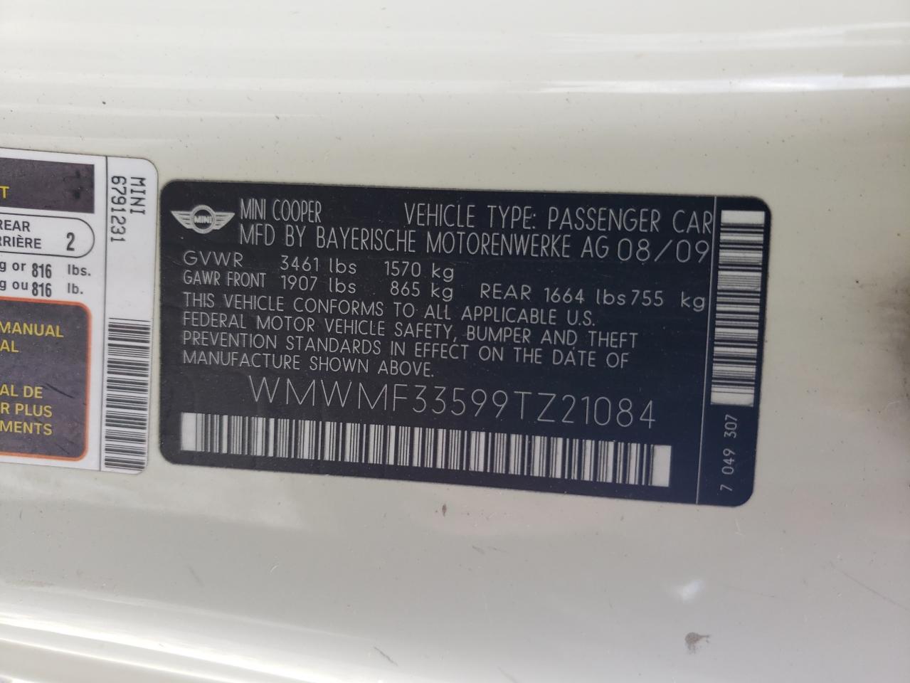 2009 MINI Cooper VIN WMWMF33599TZ21084 Copart auction photo, all over / mechanical damage thumbnail 14