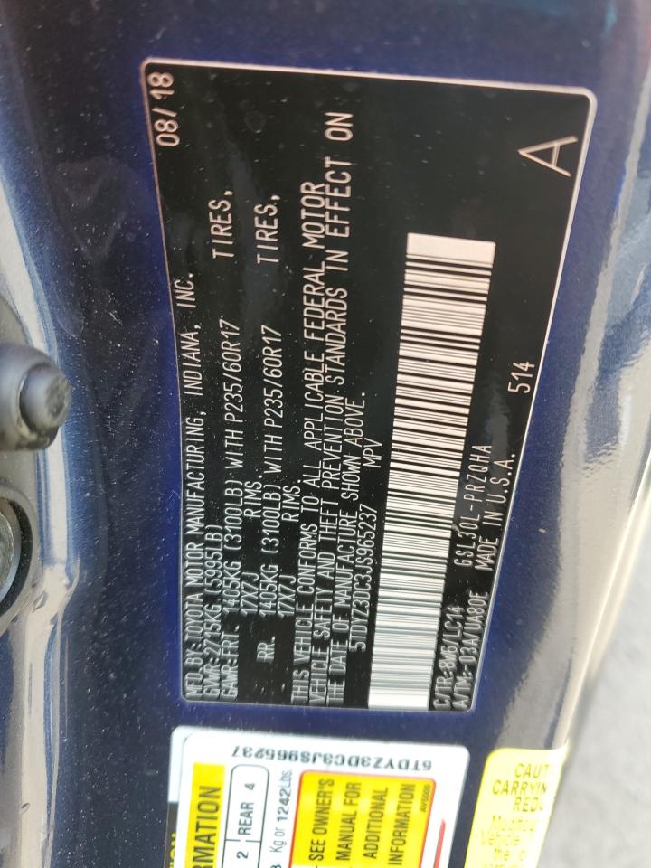 2018 Toyota Sienna VIN 5TDYZ3DC3JS965237 Copart auction photo, front end / side damage thumbnail 14