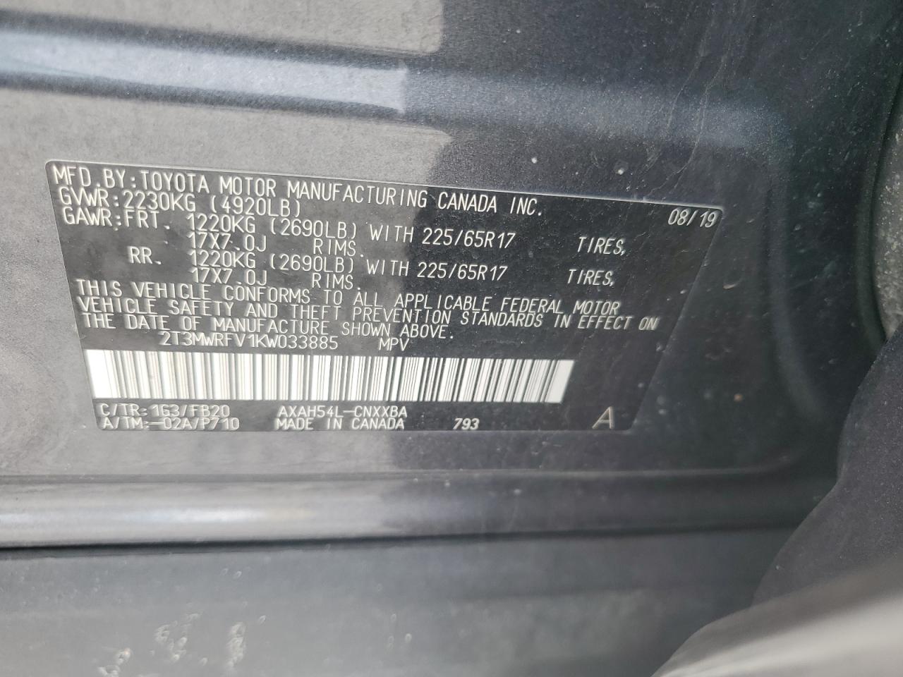 2019 Toyota RAV 4 VIN 2T3MWRFV1KW033885 Copart auction photo, front end / minor dent/scratches damage thumbnail 14