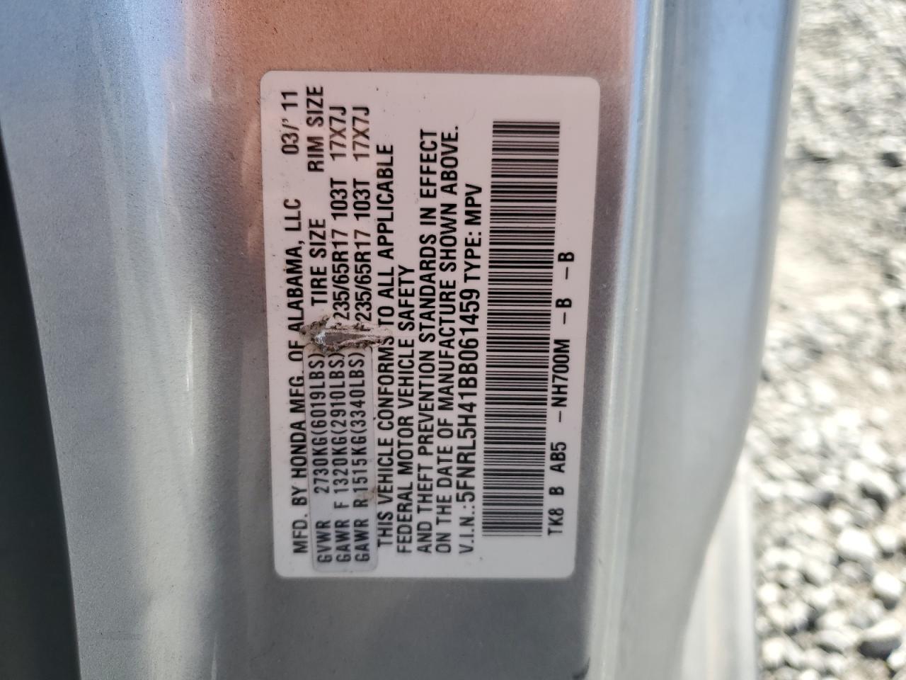 2011 Honda Odyssey VIN 5FNRL5H41BB061459 Copart auction photo, front end / undercarriage damage thumbnail 15