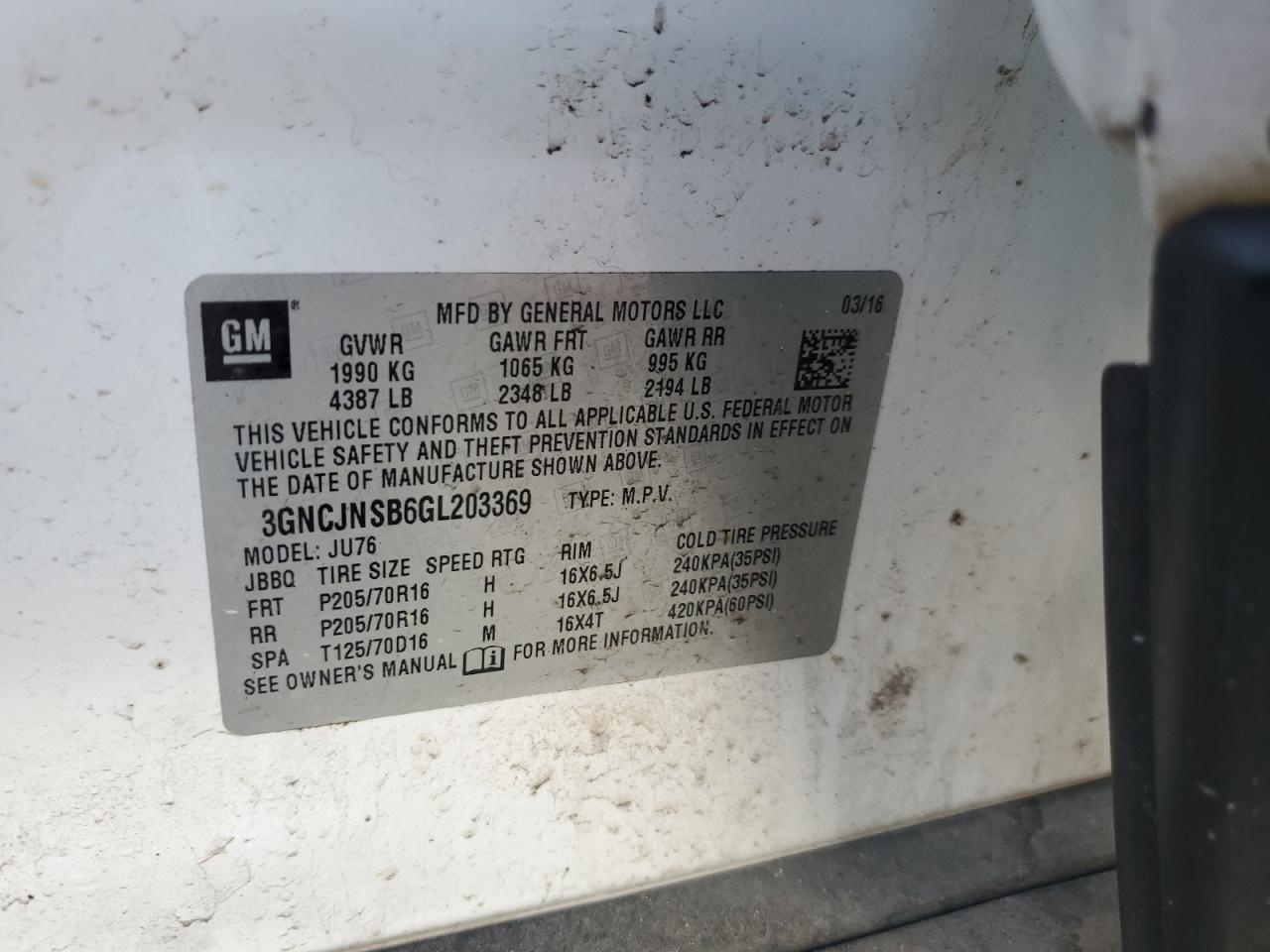 2016 Chevrolet Trax VIN 3GNCJNSB6GL203369 Copart auction photo, front end damage thumbnail 13